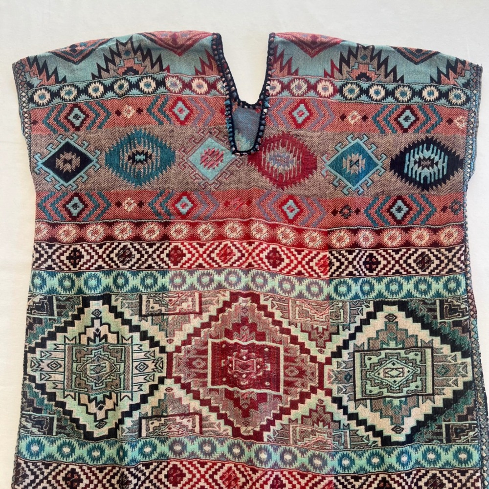 Boho Aztec Geometric Tribal Print Fringed Kaftan Poncho Tunic Top Size M/L - Picture 2 of 8